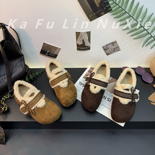 蝴蝶结刺绣勃肯鞋加绒内增高2025新款秋冬厚底全包毛毛棉鞋女鞋