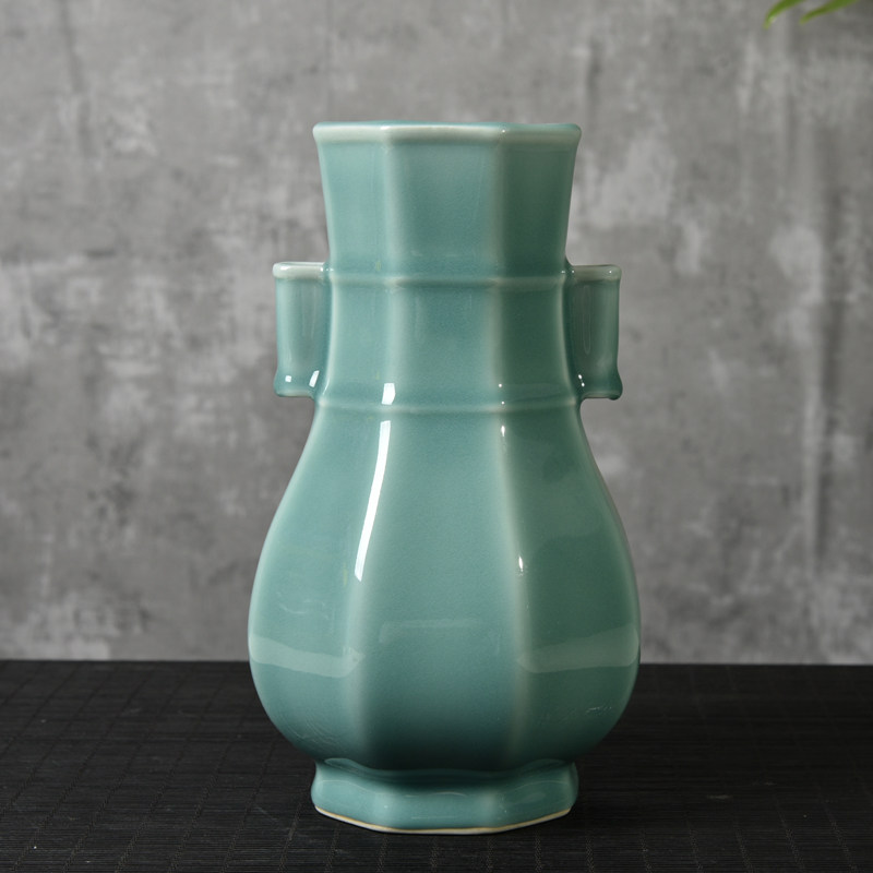 龙泉青瓷天青八方贯耳瓶仿古陶瓷投壶创意插花瓶花道工艺装饰摆件
