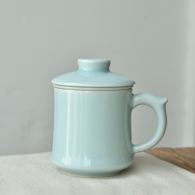 龙泉青瓷办公室茶杯陶瓷带盖过滤杯茶水分离泡茶杯家用喝茶杯子