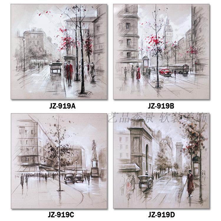 欧式简约风景建筑彩色铅笔画装饰画画心过道样板间壁画画芯画布