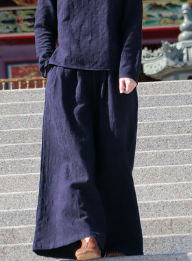 【苇素禅服】不易皱棉麻裤子女提花亚麻长裤2026新款黑色阔腿裤