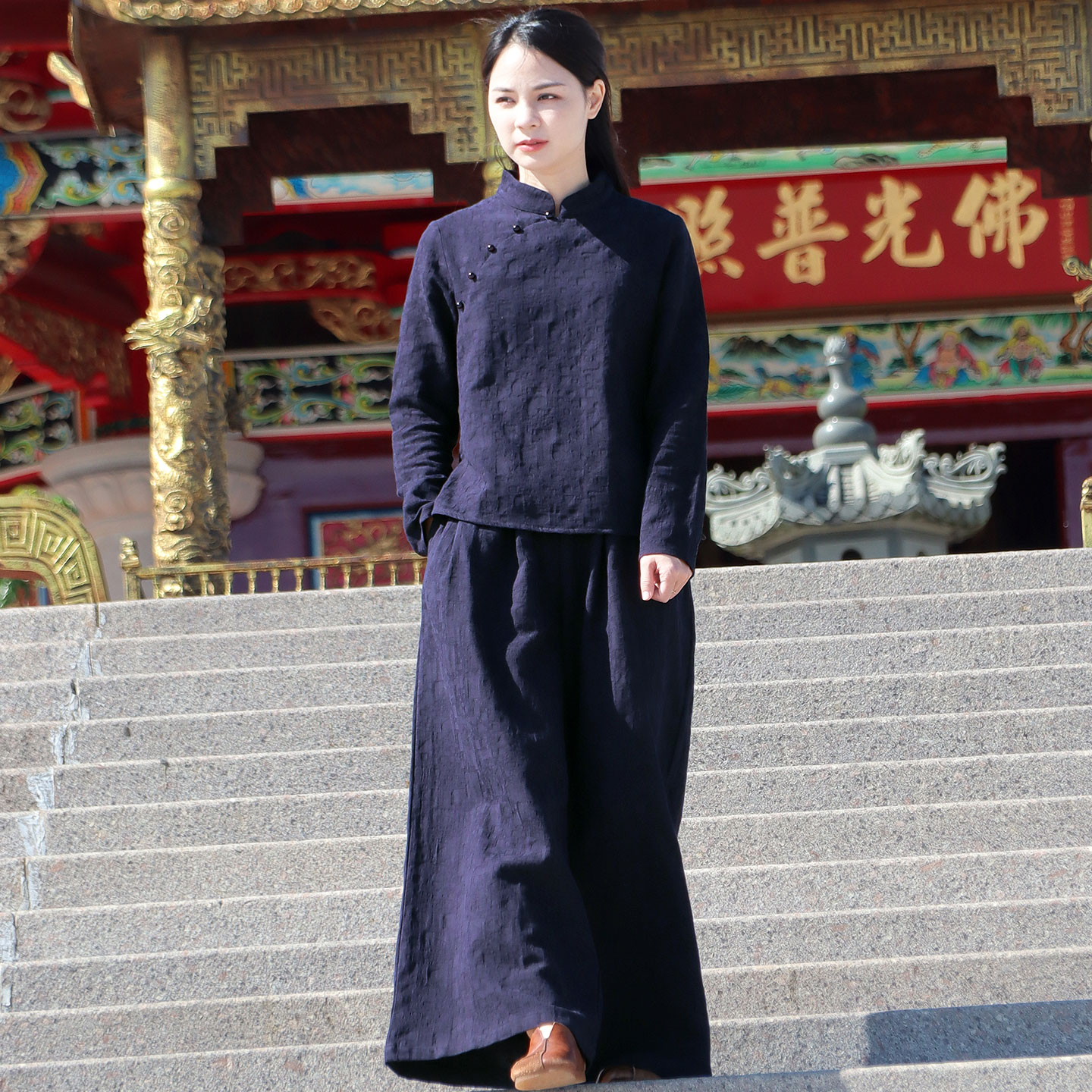 苇素不易皱提花棉麻斜襟上衣裤子