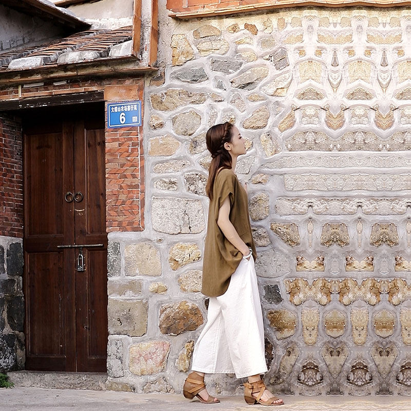 天丝白色阔腿裤夏季亚麻坠感9分裤套装女夏两件套 垂感棉麻九分裤