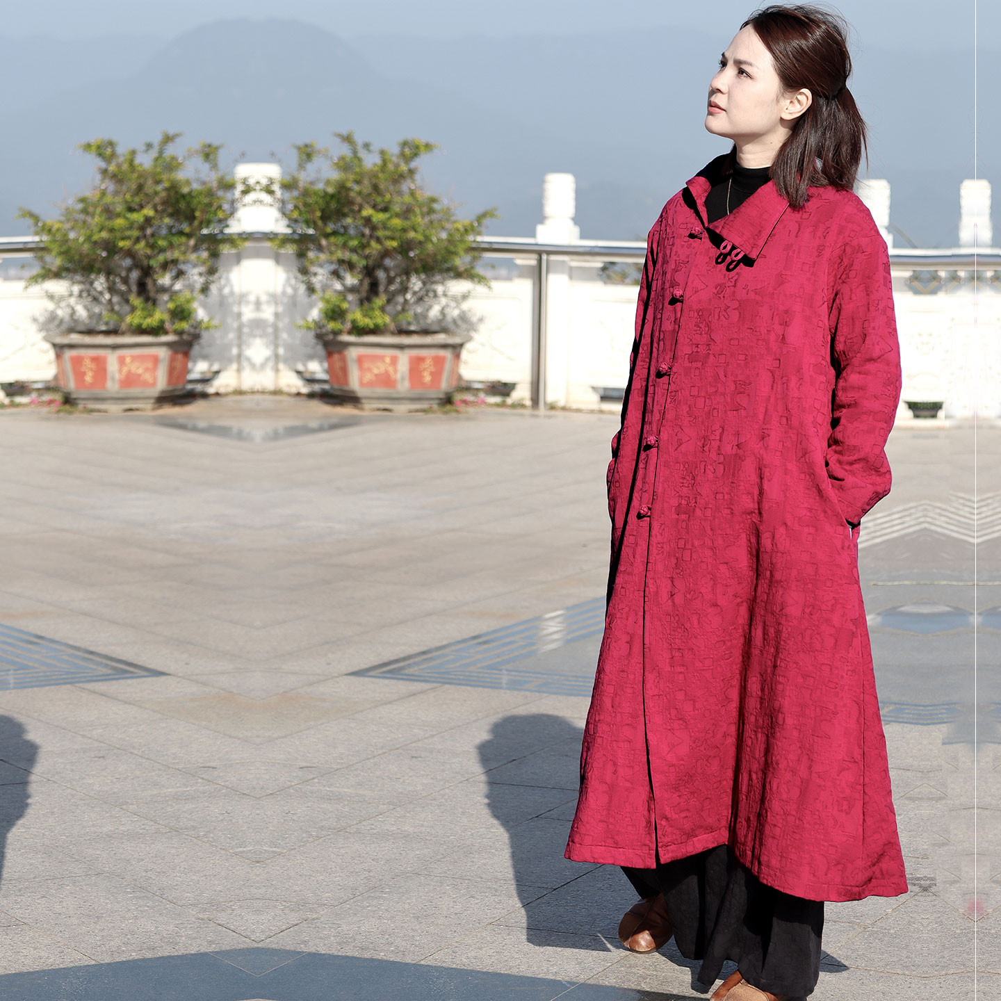 苇素不易皱棉麻，加绒中式外套