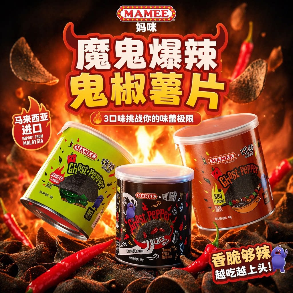 马来西亚进口MAMEE妈咪鬼椒薯片烧烤海苔味超辣膨化零食品罐装40g