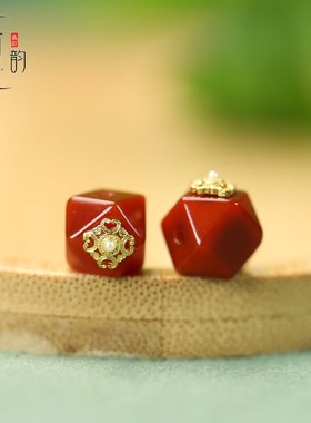 天然柿子红玛瑙八面棱镶嵌8*9mmdiy手链文玩项链转运配饰中式D189