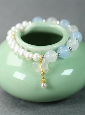 天然玉石南瓜珠纯银珠蝴蝶款手链