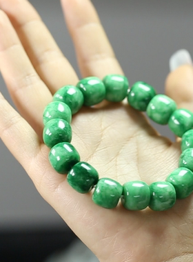 天然干青翡翠老型珠满绿色手链