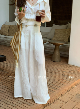 ZONEE/LEA宋亦雯 Earthing 法式老钱感天丝苎麻鱼骨高腰阔腿裤女