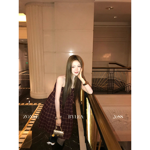 ZONEE/LEA宋亦雯 红色浆果 法式设计感可调节抹胸设计感连衣裙女