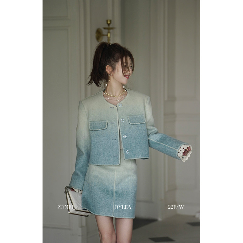 墨蓝雾霾感渐变套装半裙短外套