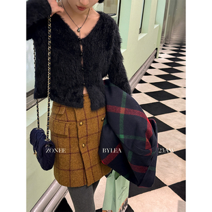复古摩登感100羊毛黄格纹双排扣百搭半裙 法式 ZONEE 90s复古橱窗