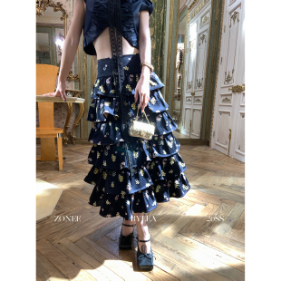 法式 春日植物园 复古层层蛋糕裙高腰碎花半身裙 LEA宋亦雯 ZONEE