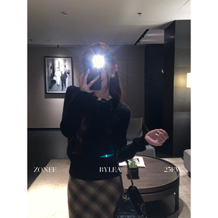 港岛周末100棉坑条绞花工艺黑色针织毛衣女 法式 ZONEE LEA宋亦雯