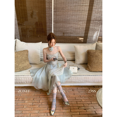 ZONEE/LEA宋亦雯 茉莉仙子法式设计不规则吊带裙女气质无袖连衣裙