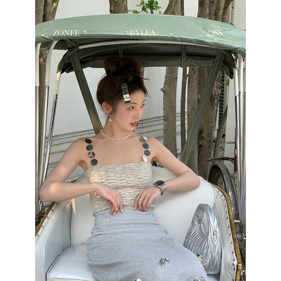 花色宋亦雯条纹法式吊带背心