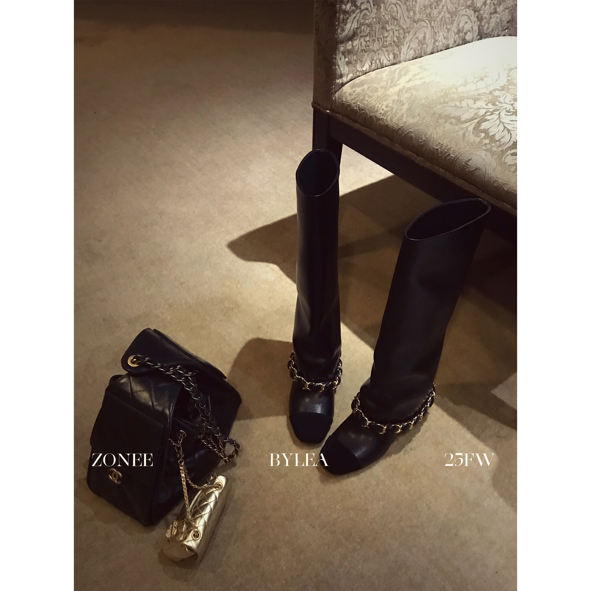 ZONEE/LEA宋亦雯 时髦小香松弛链条宽桶靴黑色百搭长筒靴