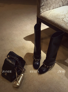 ZONEE/LEA宋亦雯 时髦小香松弛链条宽桶靴黑色百搭长筒靴