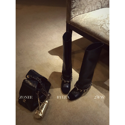 ZONEE/LEA宋亦雯 时髦小香松弛链条宽桶靴黑色百搭长筒靴