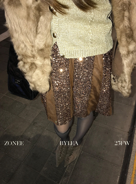 ZONEE/LEA宋亦雯 碎金琥珀 法式内里加绒网纱拼接亮片半身裙女