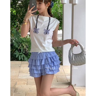 裙裤 ZONEE 原创设计时髦感百搭夏日蓝色蛋糕短款 法式 女 秋日格纹