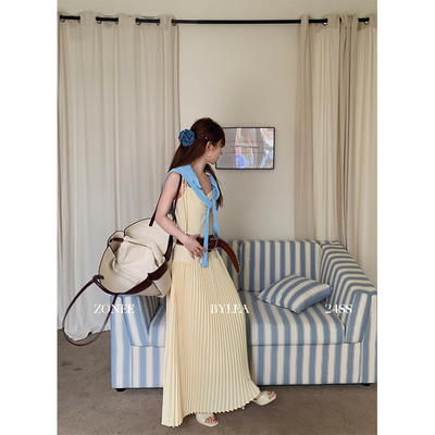 ZONEE 巴黎一日 法式原创设计精致时髦感黄色吊带百褶长款连衣裙