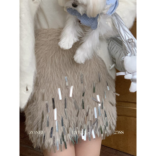 A字型法式复古几何亮片毛绒半裙