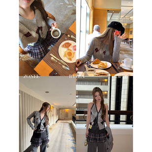 套装 ZONEE 两件套女 针织内搭背心开衫 法式 LEA宋亦雯 菱格纹回归