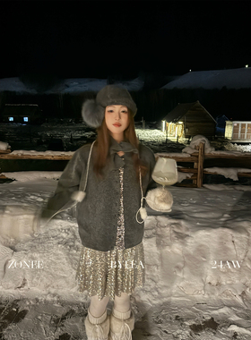 ZONEE/LEA宋亦雯 雪季时髦精原创设计灰色针织开衫马甲套装两件套