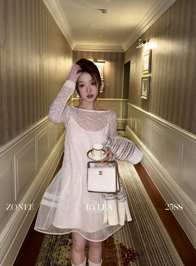 ZONEE/LEA宋亦雯 韩女日记气质时髦白色吊带纱裙女宽松仙女连衣裙