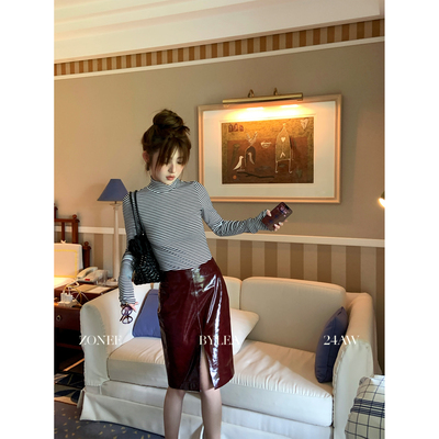 ZONEE/LEA宋亦雯 复古美学法式宽松显瘦秋季长袖针织条纹高领上衣