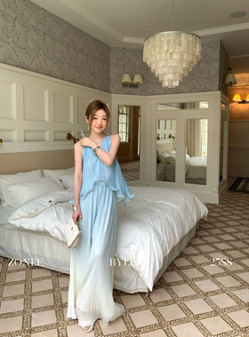 ZONEE/LEA宋亦雯 蓝色米兰达 宽松渐变蓝无袖上衣休闲长裤套装女