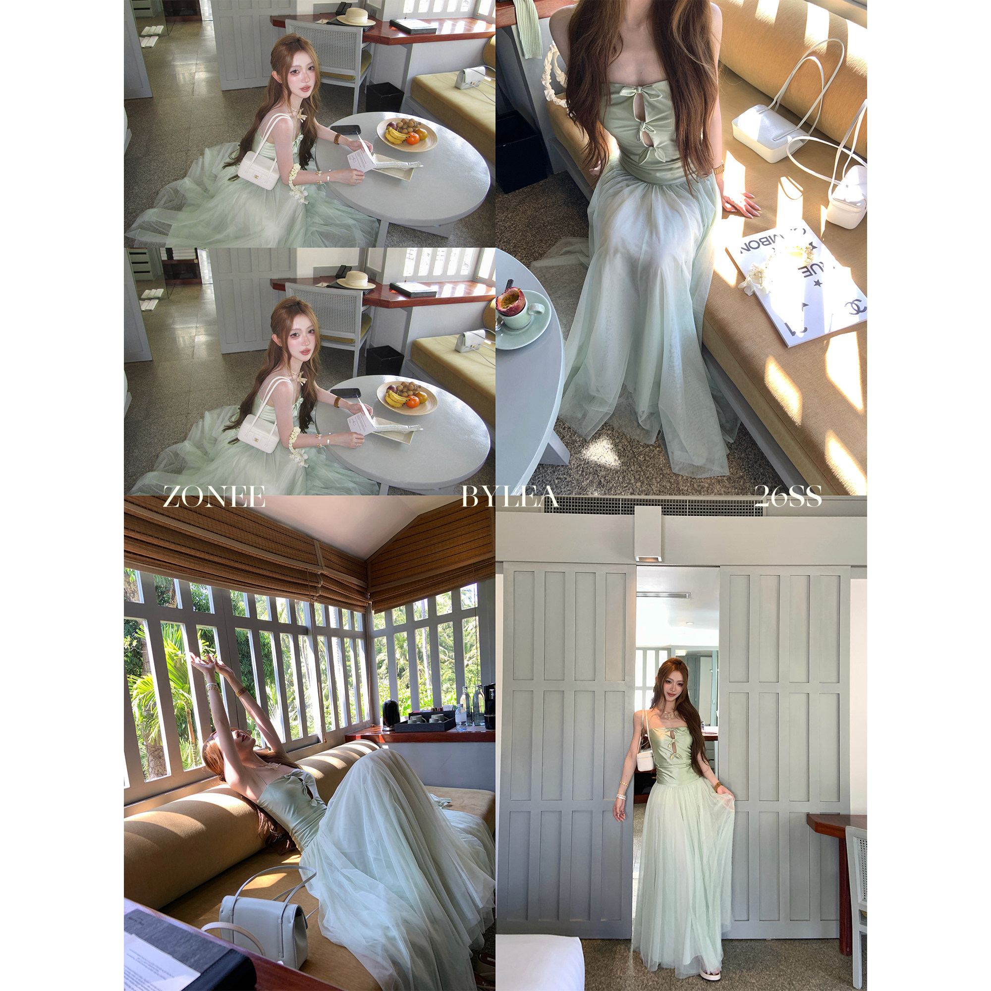ZONEE/LEA宋亦雯 海边茉莉 法式绿色蝴蝶结抹胸上衣半身裙套装女