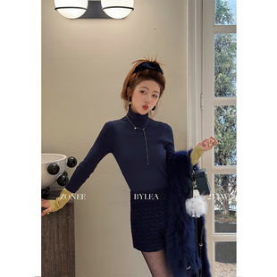 时髦简约袖 原创设计法式 口撞色高领针织内搭上衣 色彩合奏 ZONEE