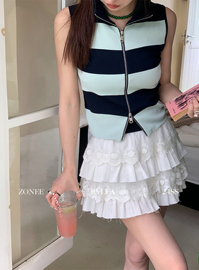 ZONEE 芭蕾香波 秋日法式时髦设计感蕾丝拼接白色刺绣工艺短半裙