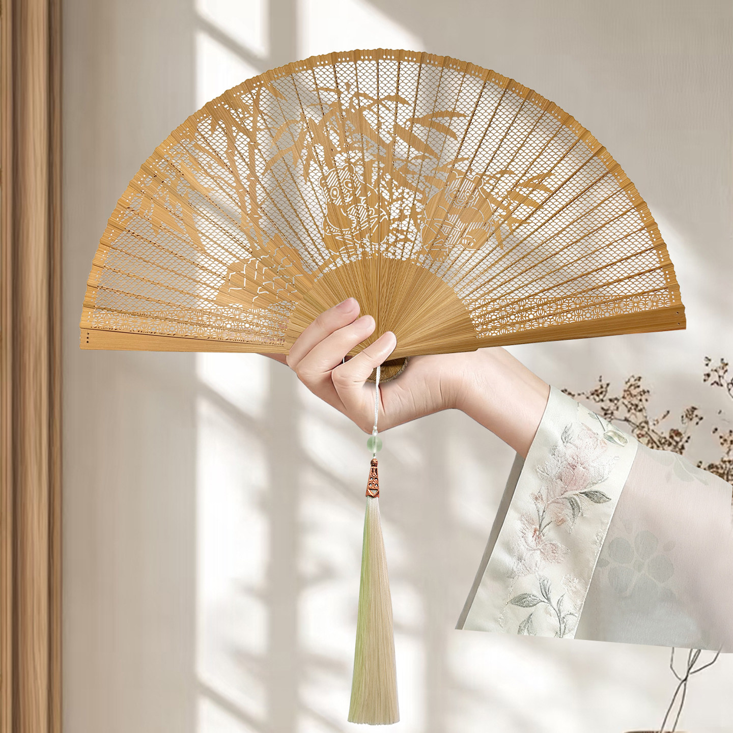 中国风全竹扇子古风折扇镂空雕花礼品扇扇盒扇架高档伴手礼工艺扇