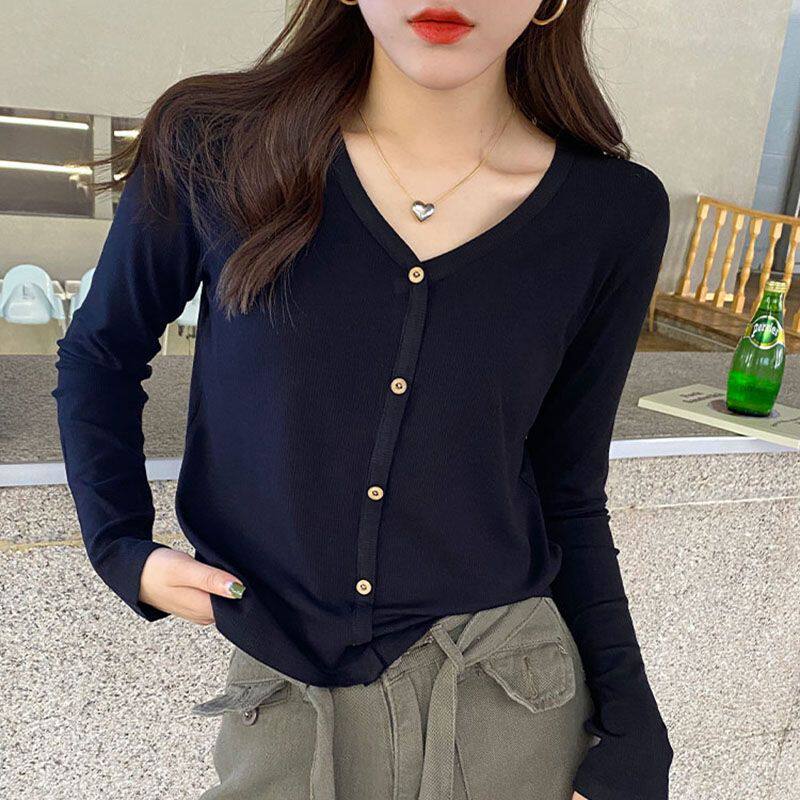长袖t恤女莫代尔2026春秋新款韩版宽松显瘦纯色内搭打底衫V领上衣