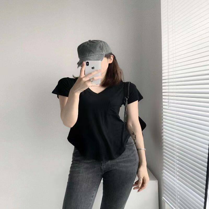 新款莫代尔锁骨短袖T恤设计夏季宽松修身韩版休闲纯色打底上衣