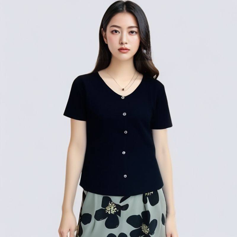 新款V领套头休闲弹力T恤女短袖上衣显瘦遮肉减龄中年妈妈轻薄透气,女装/女士精品,T恤,淘宝优惠券,粉丝福利购,淘宝优惠卷
