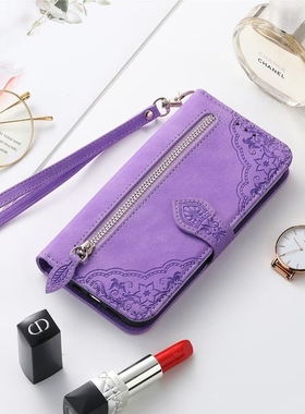 适用华硕Asus Zenfone9手机壳复古拉链挂绳图腾多卡槽ZS690KS保护套零钱包时尚雕花ins风软胶女款华硕9机套