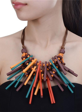 波西米亚多层手工木质夸张复古项链欧美时尚颈链吊坠女性锁骨链
