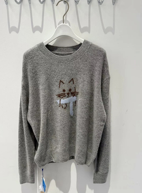 MM麦家2025秋冬新款浅灰色宽松百搭猫圆领针织衫女4GA233261