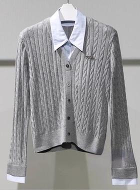 伊折扣2025新款假两件衬衫领拼接羊毛设计感针织衫上衣1G2633704