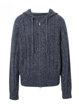 MM麦麦2025秋冬新款藏青休闲连帽绵羊毛针织开衫毛衣女5GA234281Q