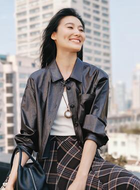 【商场同款】伊折扣25新款可咖棕气质款短款皮衣女外套1G8210992