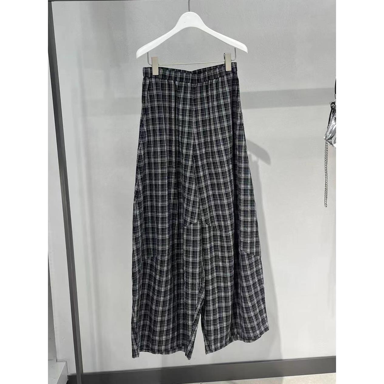 MM麦家2025秋款休闲裤女OL女裤通勤款黑色格子女直筒裤4G5252061