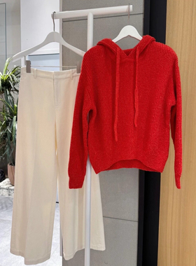 MM麦家商场同款2025冬连帽套头红色针织衫宽松休闲毛衣5EC134121