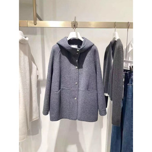 商场同款伊折扣2025冬新款韩版云烟灰连帽短款羊毛外套1GA270021