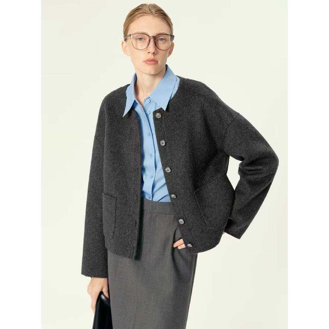 商场同款伊折扣25新款纯色气质百搭小香风毛呢外套上衣1GA170101