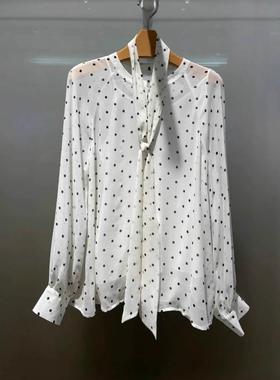 2025春新款通勤波点飘带领白色桑蚕丝衬衫上衣女5G2220422
